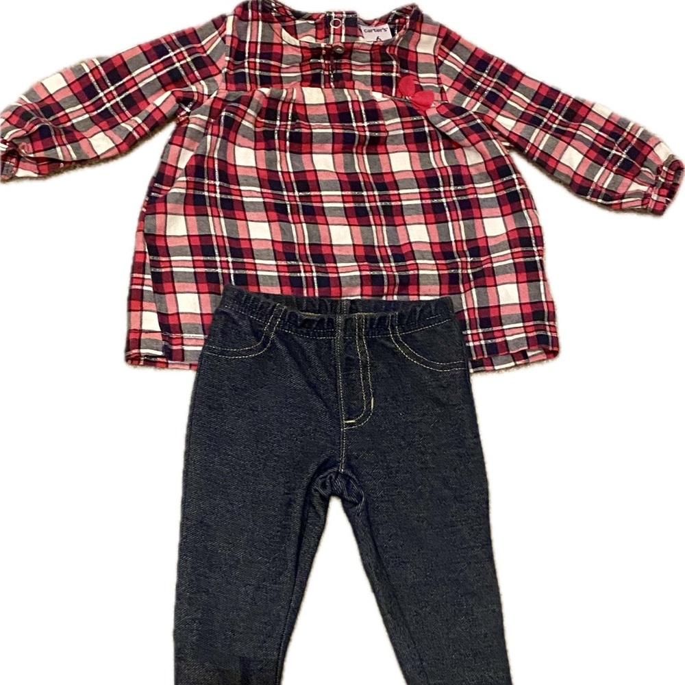 Matching long sleeved plaid top  and jeggings 6M